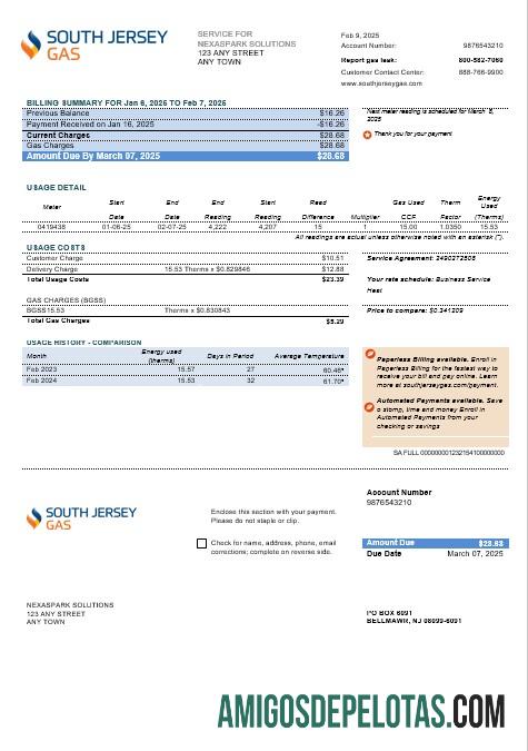 imprimível Modelo de fatura de serviços públicos de gás dos EUA, Nova Jersey, Sul de Jersey, em formatos Word e PDF